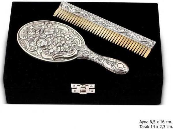 BlackCraft Manolya Motifli Ayna Tarak Gümüş Set (BC-4919BD) - Image 1