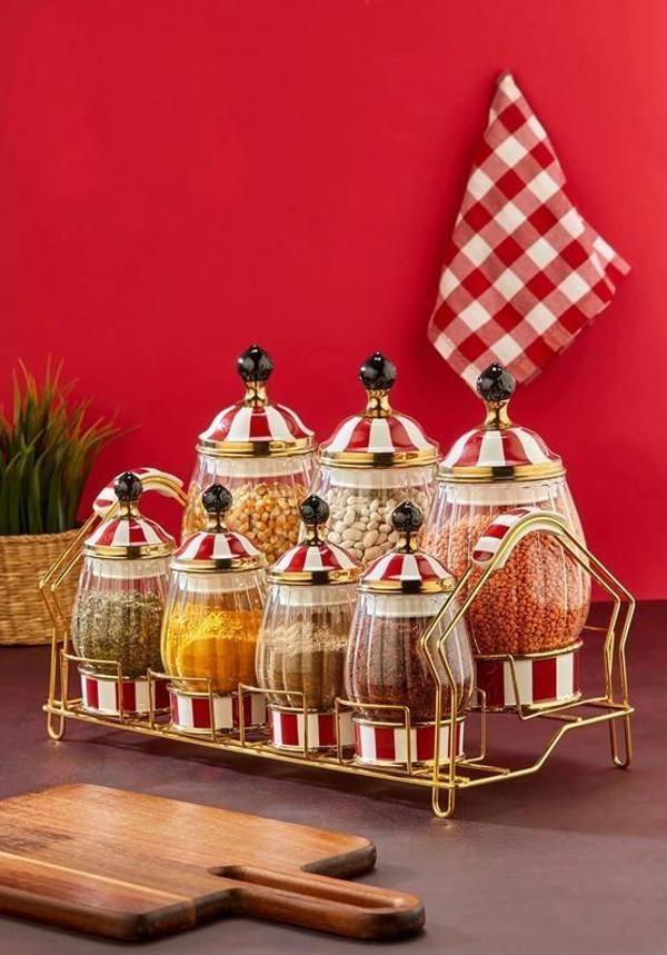 Cooker CKR3441 Kırmızı-Beyaz Kapaklı Porselen Baharat Seti 7'li - Image 1