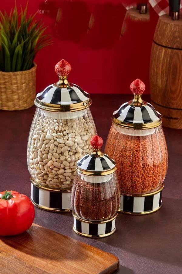 Cooker Siyah-Beyaz Kapaklı Cam Baharatlık Seti 3'lü - Image 1