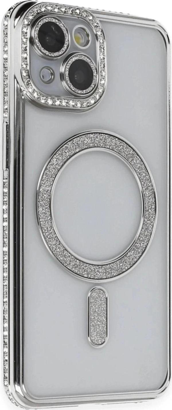 iPhone 14 Kılıf Joke Simli Magneticsafe Kılıf - Gümüş-(5796) - Image 1