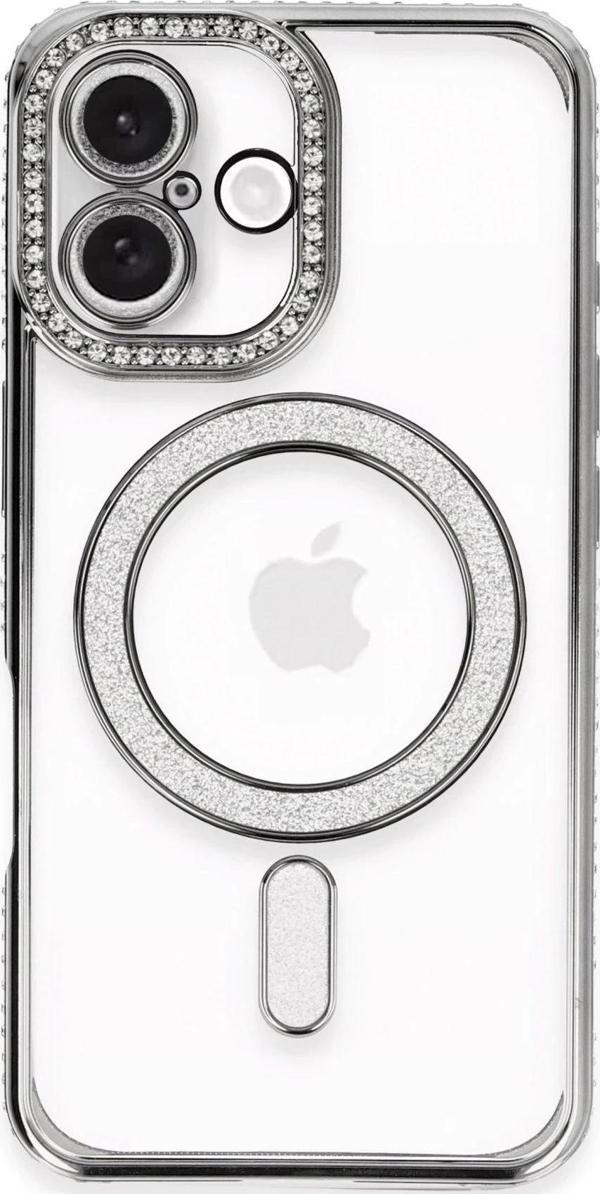 iPhone 16 Plus Kılıf Joke Simli Magneticsafe Kılıf - Gri-(5796) - Image 1