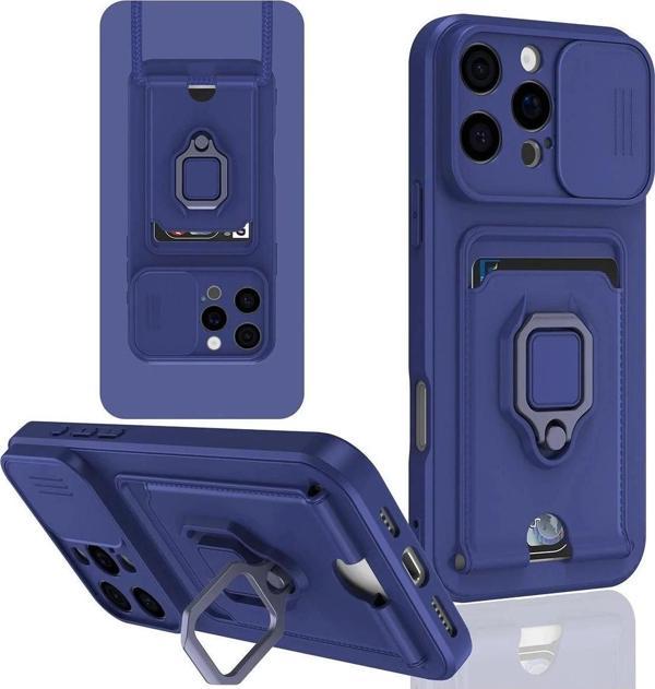 iPhone 16 Pro Kılıf Zuma Kartvizitli Yüzüklü Silikon - Lacivert-(5796) - Image 1