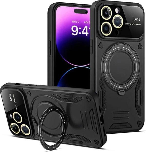 iPhone 16 Pro Max Kılıf Joy Lens Standlı Kapak - Siyah-(5796) - Image 1