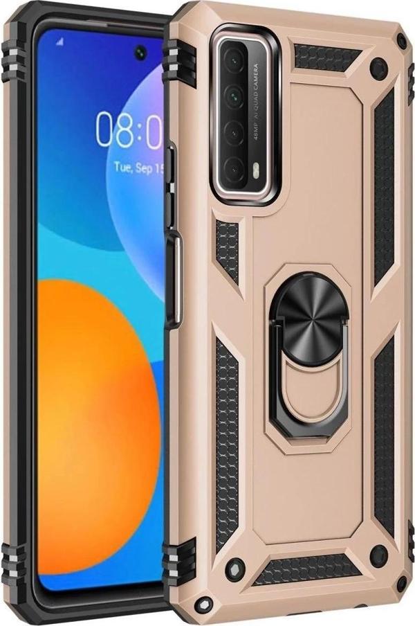 Huawei P Smart 2021 Kılıf Sofya Yüzüklü Silikon Kapak - Gold-(5796) - Image 1