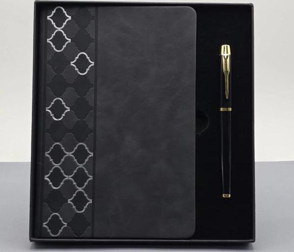 Desenli Siyah Deri Defter Kalem Set - Image 1