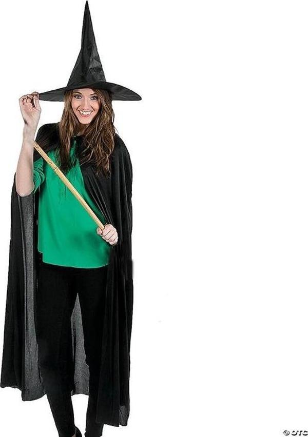 Siyah Yakalı 120 cm Yetişkin Pelerin ve Siyah Parlak Cadı Şapkası - Image 1