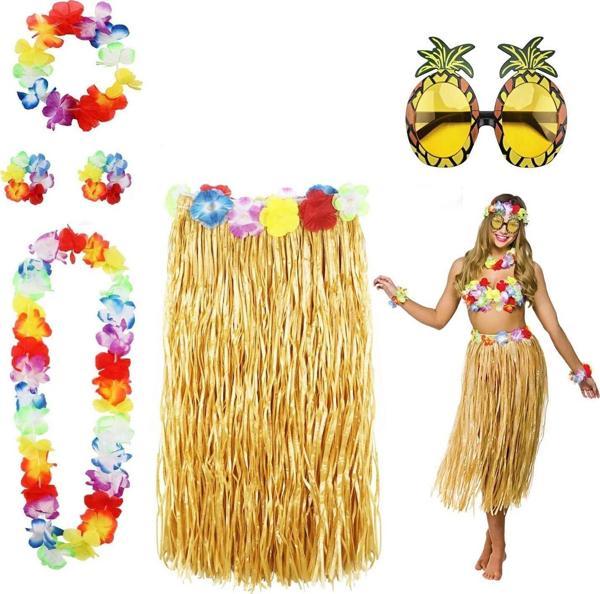 Hawaii Parti Kostüm Seti - 60 cm Hasır Etek, Çiçekli Aksesuarlar ve Ananas Gözlük - Image 1