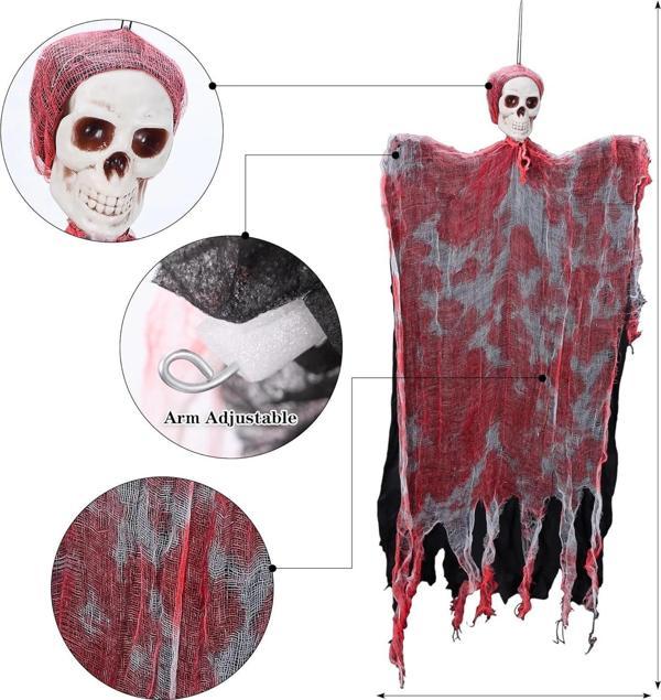 Led Işıklı Kahkaha Atan Sesli Sensörlü Ürpertici Kuru Kafa Kanlı Korku Hayalet Saçak Dekor 90x50 cm - Image 1