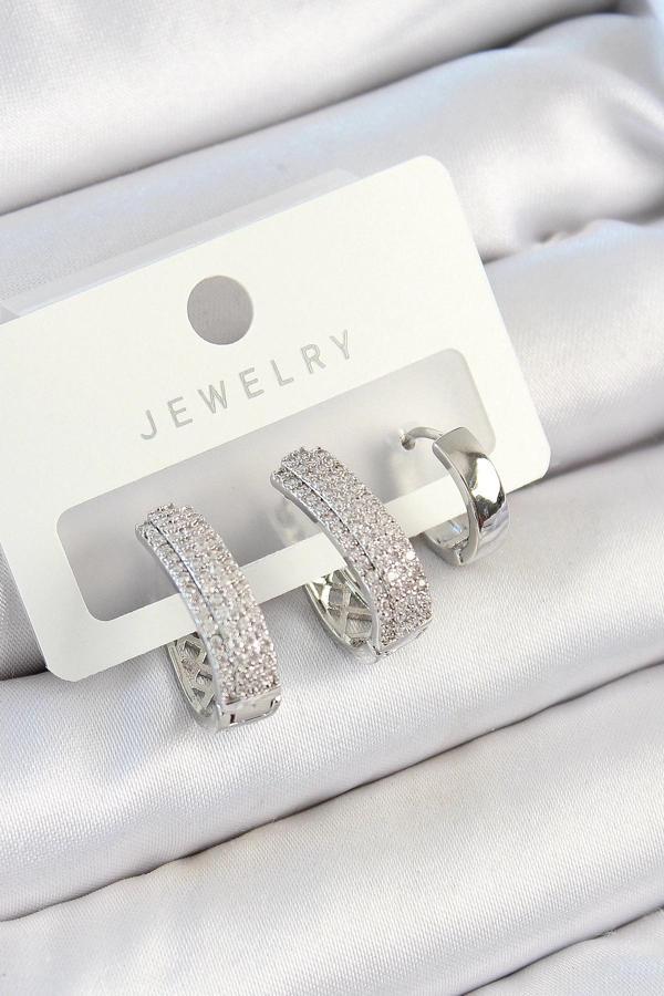 BFS Pirinç Zirkon Taşlı Damla Model Gümüş Renk 3'lü Çift Kadın Küpe Set - Image 1