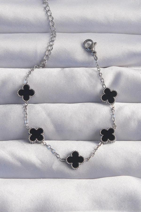 BFS 316L Çelik Baby Boy Gümüş Renk Siyah Mineli Yonca Bileklik - Image 1