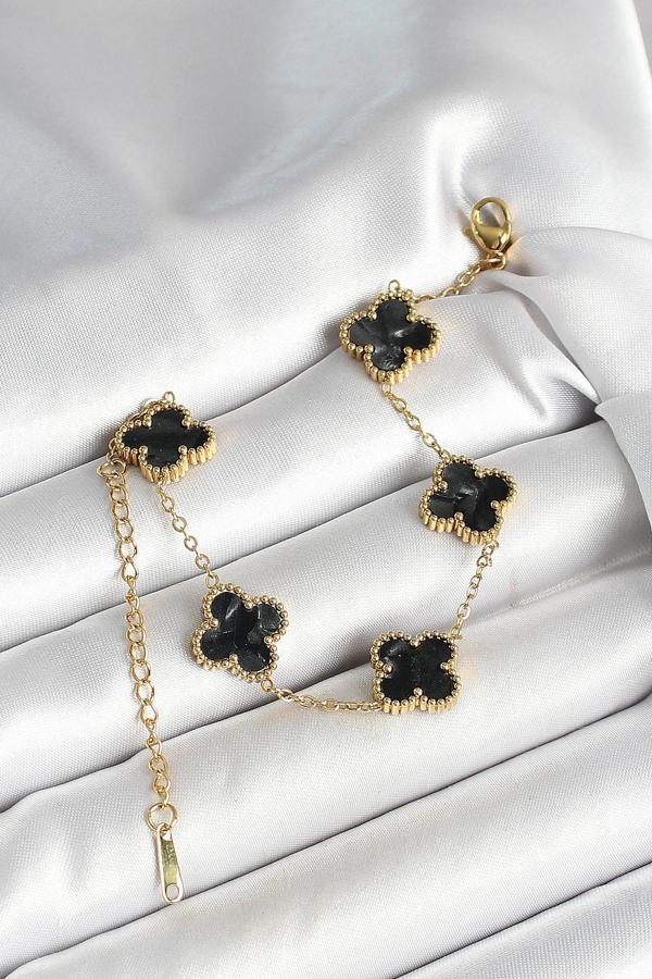 BFS 316L Çelik Sedefli Siyah Gold Renk Yonca Kadın Bileklik - Image 1