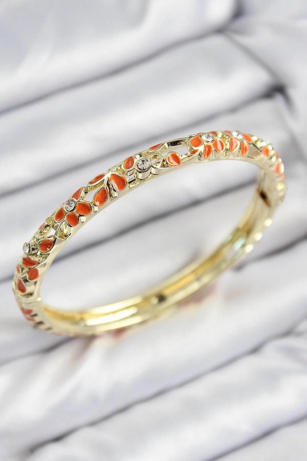 BFS Mineli Pirinç Zirkon Taşlı Turuncu Çiçek Motifli Gold Kadın Kelepçe - Image 1