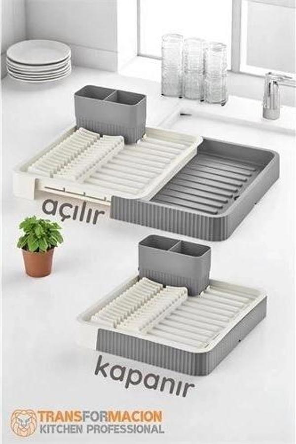 Açılır-Kapanır Bulaşıklık - Bulaşık Durulama Sepeti Tabaklık Bulaşık Kurutmalık GRİ - Image 1