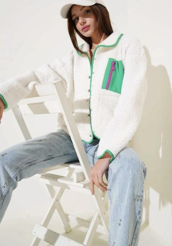 Yeşil fermuar cepli kuzu mont beyaz t1085 - Image 1