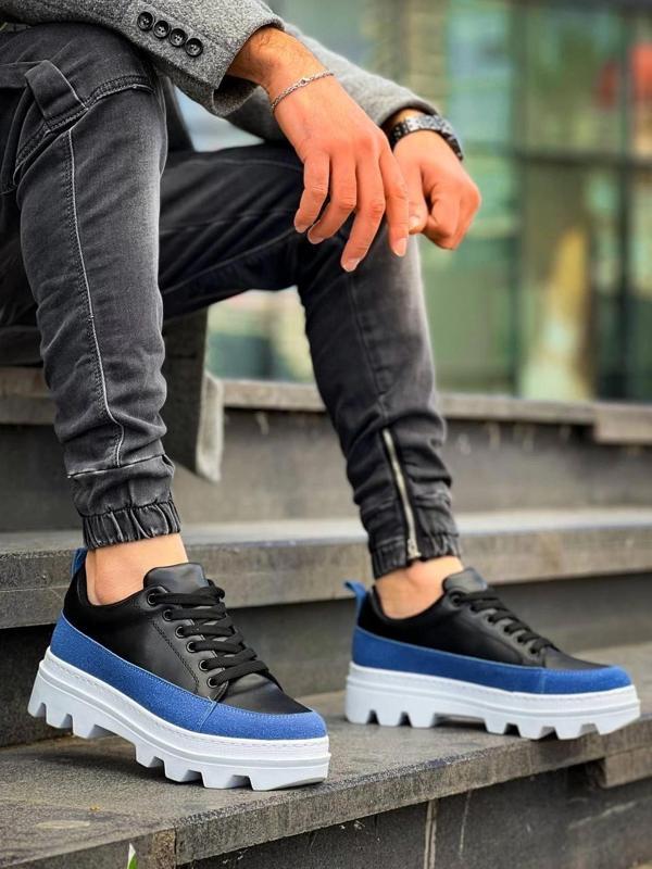 KB-056 Kuback Siyah Mavi Detaylı Beyaz Yüksek Taban Günlük Spor Ayakkabı - Image 1