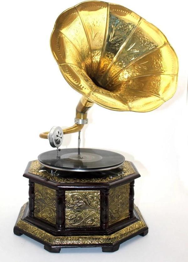 Ahşap Sekizgen Gramofon Taş  Plak Çalar Metal Kaplamalı - Image 1