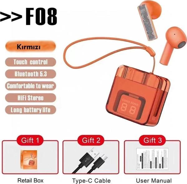 F08 Dijital Şarj Göstergeli TWS Bluetooth Kulaklık - Kırmızı-(5796) - Image 1