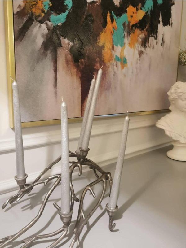 Abete Iv Candles Gümüş Renk 3'Lü Set Varaklı Şamdan Mumu - Image 1