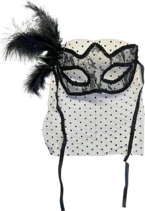 BFS     Siyah Renk Siyah Puantiyeli Duvaklı İncili Parti Maskesi - Image 1