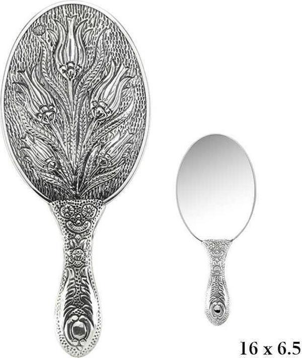 925 Ayar Gümüş Lale Motifli El Aynası - Image 1