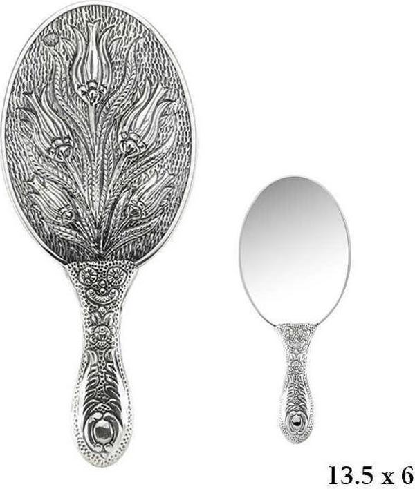 925 Ayar Gümüş Lale Motifli El Aynası - Image 1