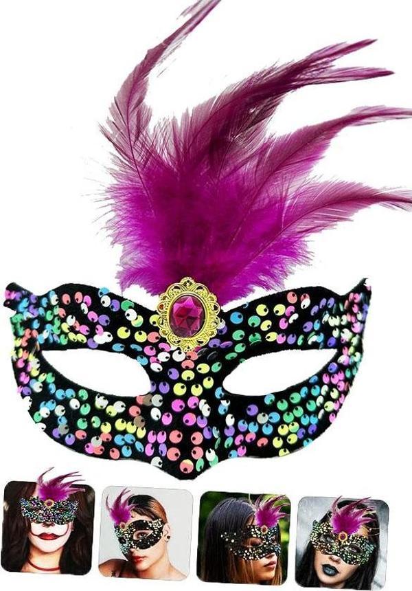 Siyah Kadife Üzeri Rengarenk Payetli Pullu Pembe Tüylü Pembe Taşlı Parti Maskesi 19x21 cm - Image 1