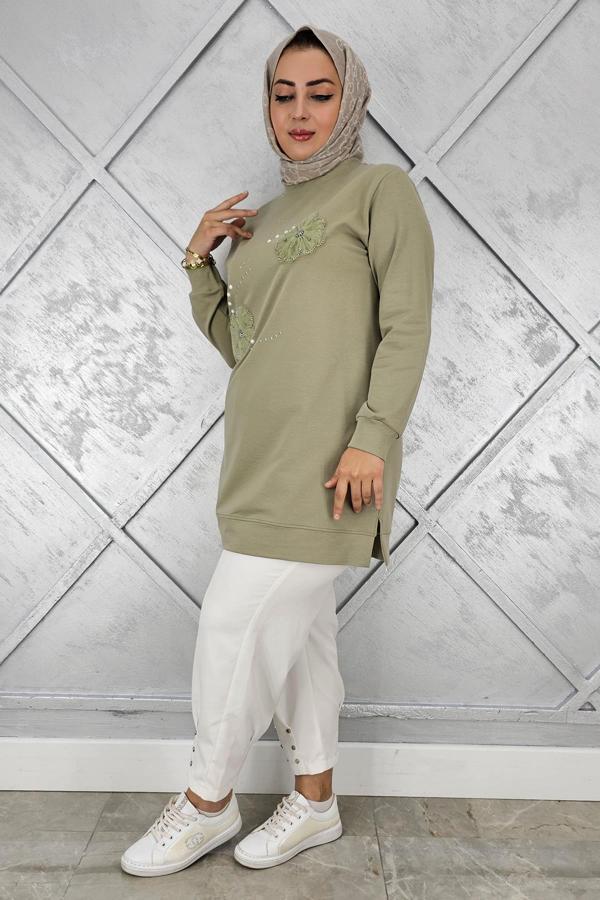 KADIN DİKME ÇİÇEK VE TAŞ DETAYLI TESETTÜR TUNİK - Image 1