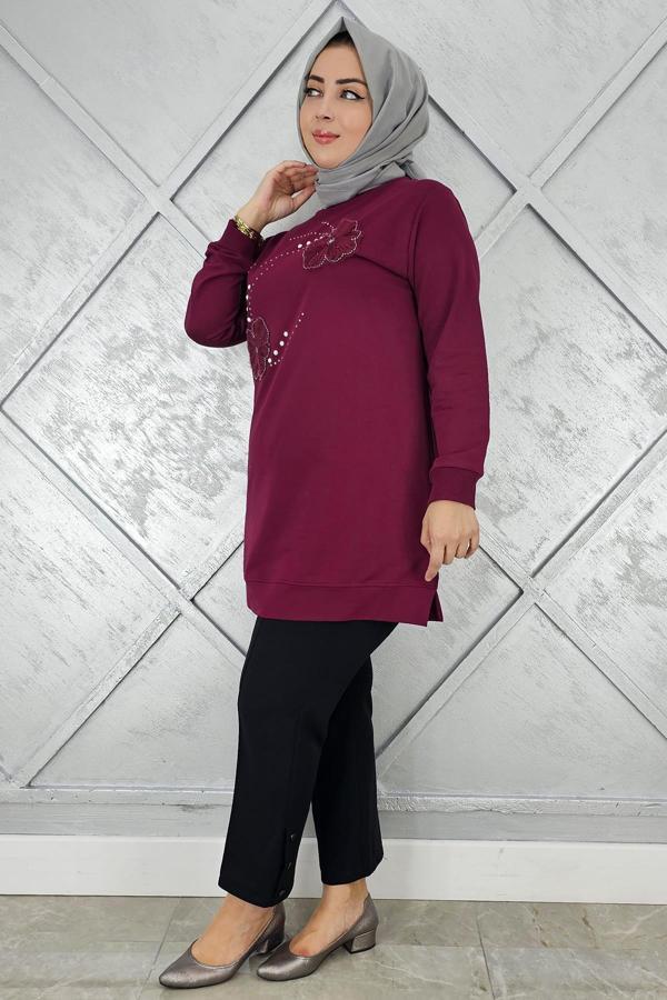 KADIN DİKME ÇİÇEK VE TAŞ DETAYLI TESETTÜR TUNİK - Image 1