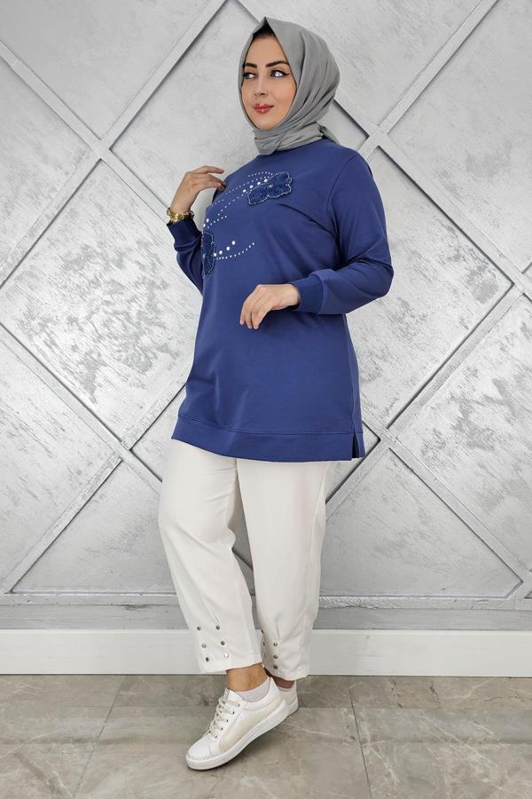 KADIN DİKME ÇİÇEK VE TAŞ DETAYLI TESETTÜR TUNİK - Image 1
