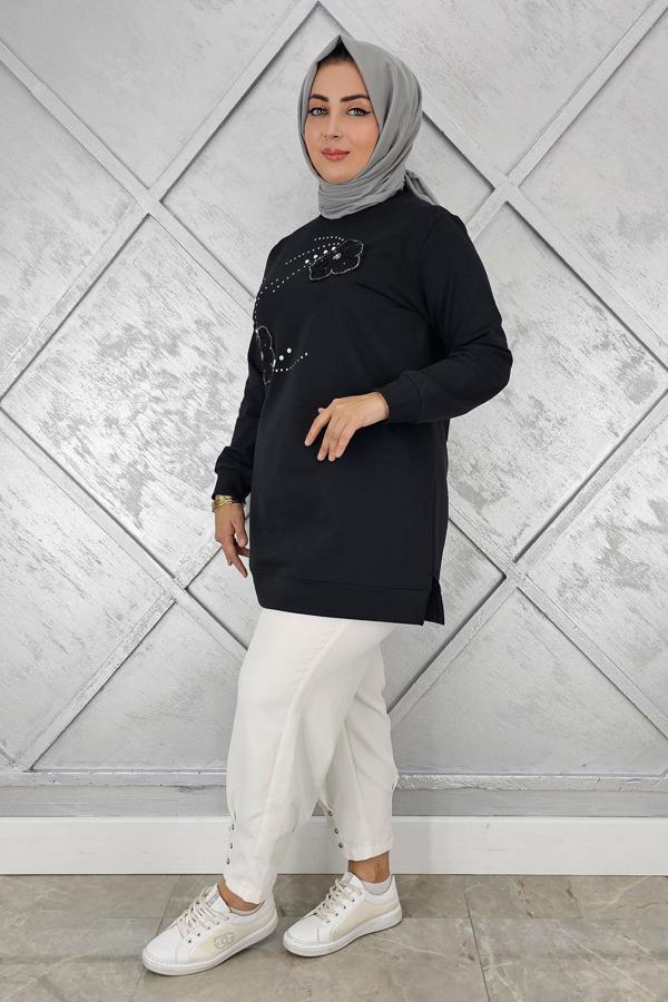 KADIN DİKME ÇİÇEK VE TAŞ DETAYLI TESETTÜR TUNİK - Image 1