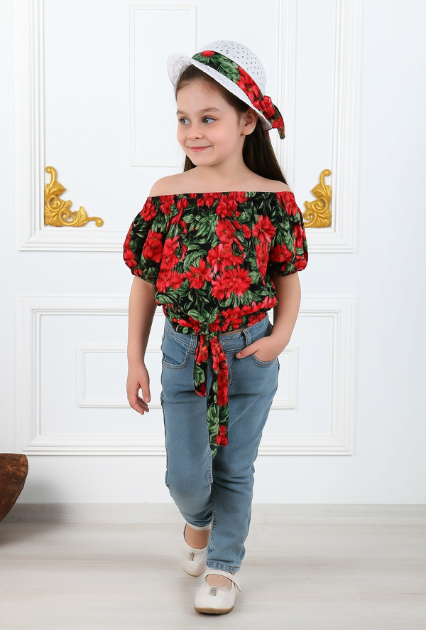 Kız Çocuk Şapkalı , Jeans Pantolon , Bluz Yazlık İkili Takım M00731 KIRMIZI - Image 1
