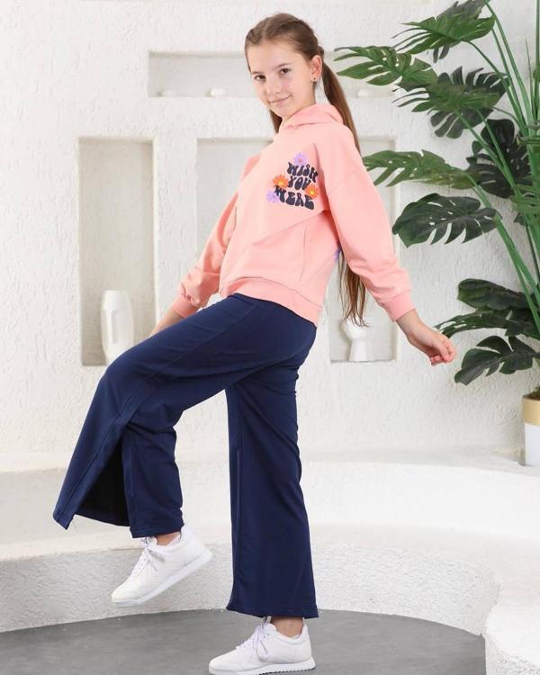 Çiçekli İspanyol Paça Garson Boy Salaş Model Kız Eşofman Takım MNK0394 SOMON - Image 1