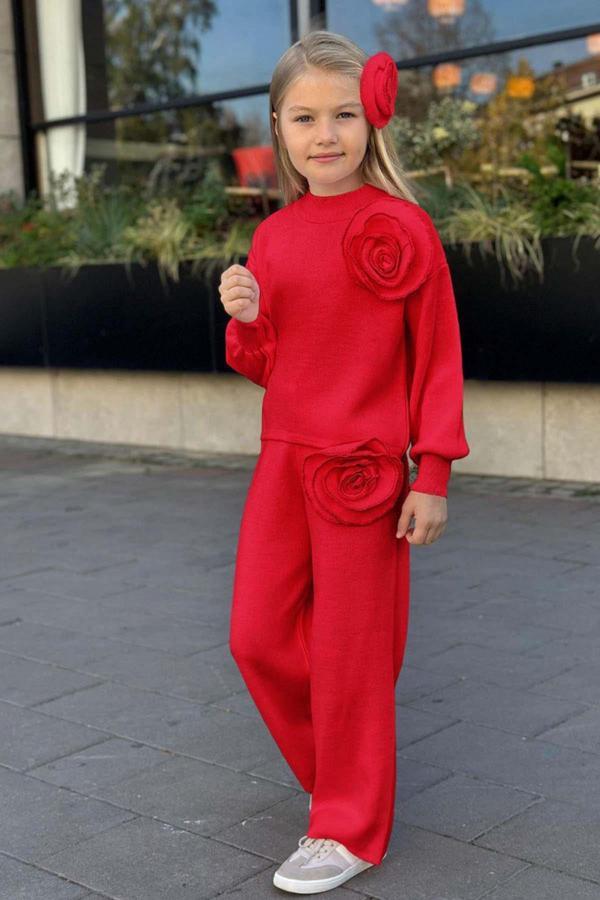 Kız Çocuk Balıkçı Yaka Omuzunda Gül Broşlu Kazak Bol Kesim Kırmızı Triko Alt Üst Takım - Image 1