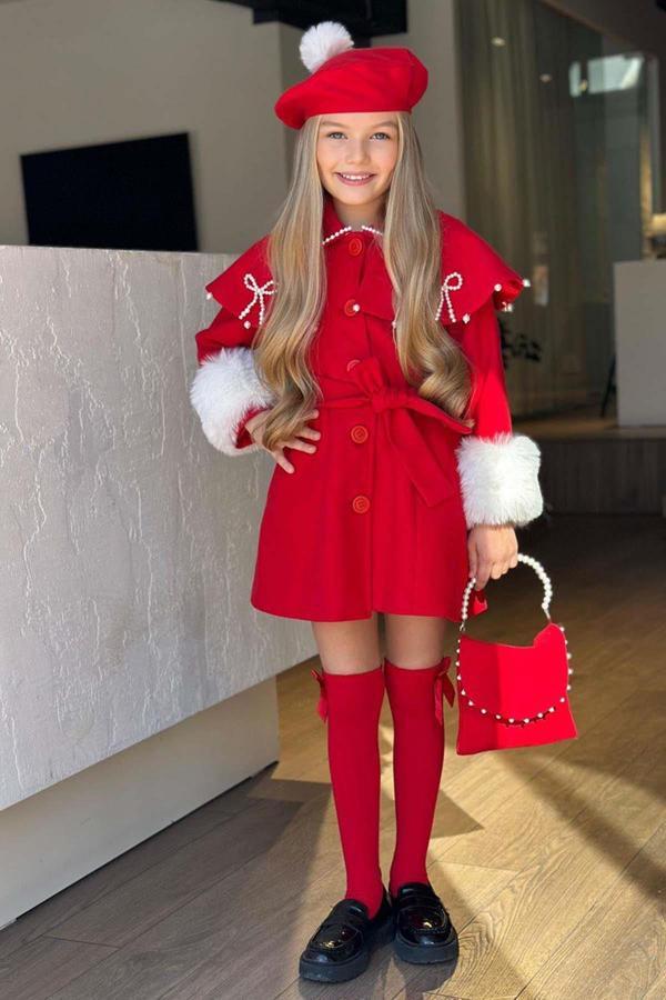 Kız Çocuk Boydan Yakası İnci Taş İşlemeli Şal Detaylı Kemerli Kırmızı Kaşe - Image 1