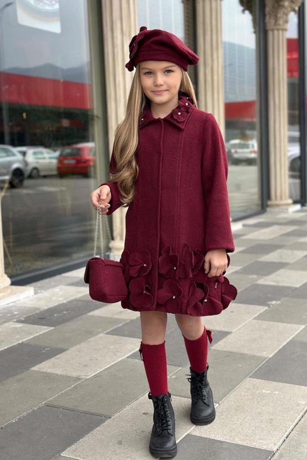 Kız Çocuk Yakası Taş ve Yonca Detaylı Çıtçıt Düğmeli Bordo Kaşe - Image 1