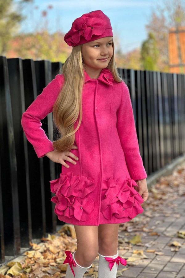 Kız Çocuk Yakası Taş ve Yonca Detaylı Çıtçıt Düğmeli Fuşya Kaşe - Image 1