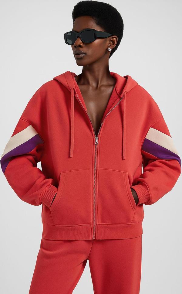 Kadın Fermuarlı Kapüşonlu Cepli Mercan Polar Sweatshirt - Image 1