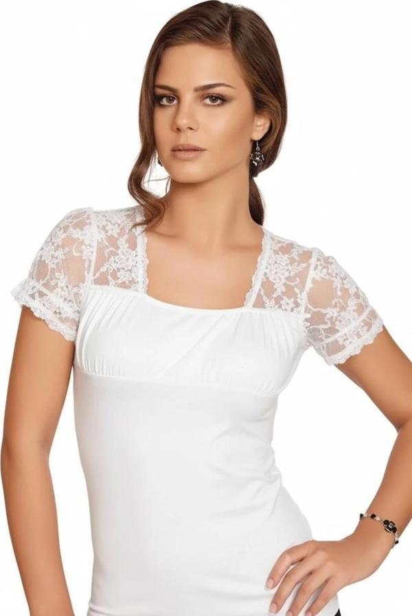 Berrak Kadın için Omuzları Dantelli Transparan Kısa Kollu T-Shirt 2184 - Image 1
