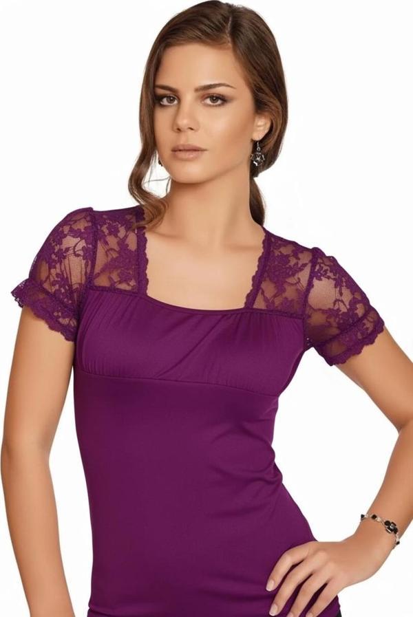 Berrak Kadın için Omuzları Dantelli Transparan Kısa Kollu T-Shirt 2184 - Image 1