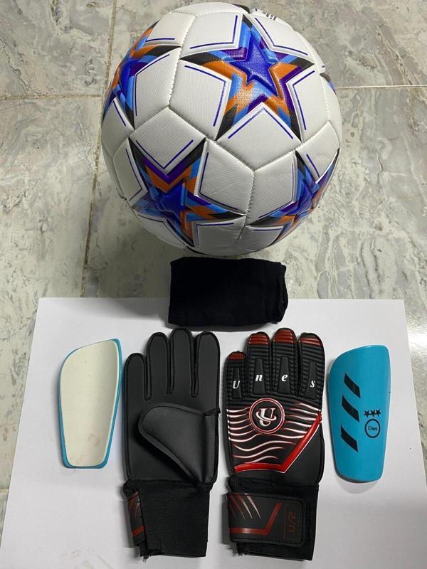 Unes 5 No Yıldız Desenli Futbol Topu Kaleci Eldiveni Ve Tekmelik Seti Pompa Hediyeli - Image 1