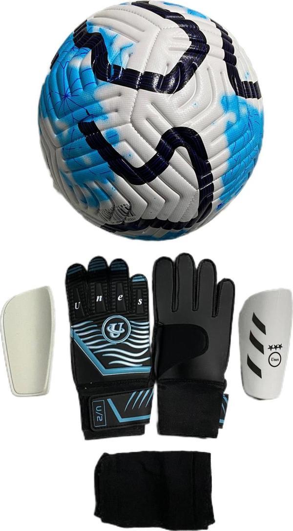 Unes 5 No Mavi Çizgili Futbol Topu Kaleci Eldiveni Ve Tekmelik 3'Lü Set (Pompa Hediye) - Image 1
