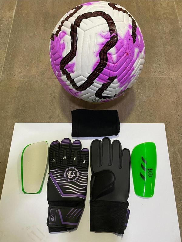Unes 5 No Mor Futbol Topu Kaleci Eldiveni Ve Tekmelik Seti Pompa Hediyeli - Image 1