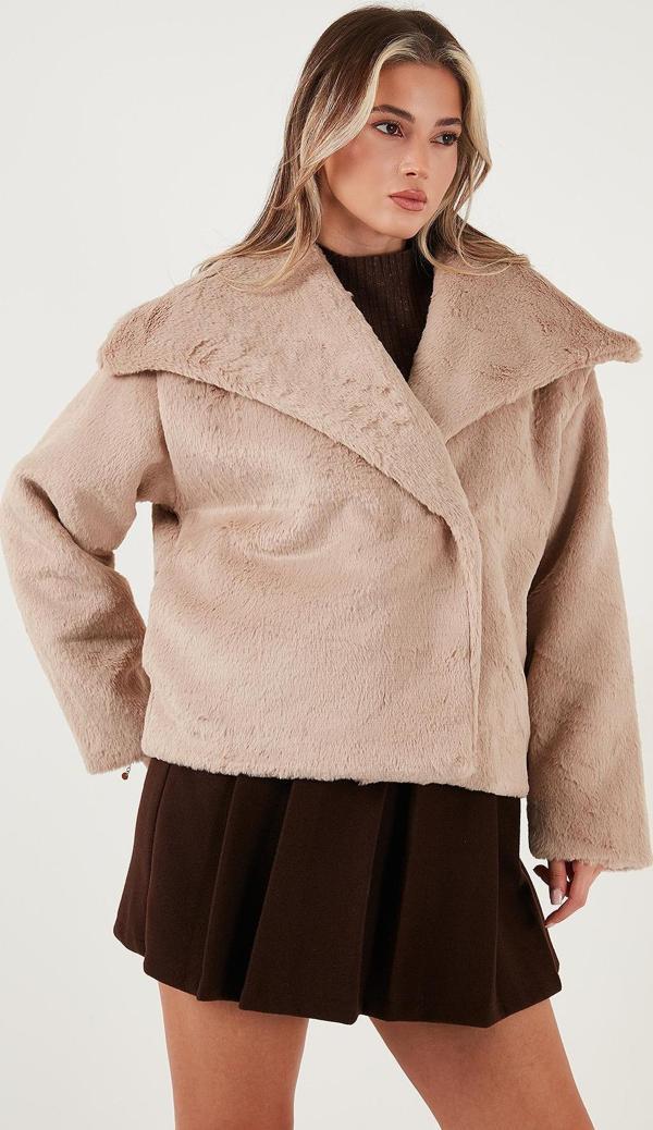 Lela Oversize Geniş Yaka Çıtçıt Düğmeli Astarlı Peluş Bayan Mont 6839623 TAŞ - Image 1