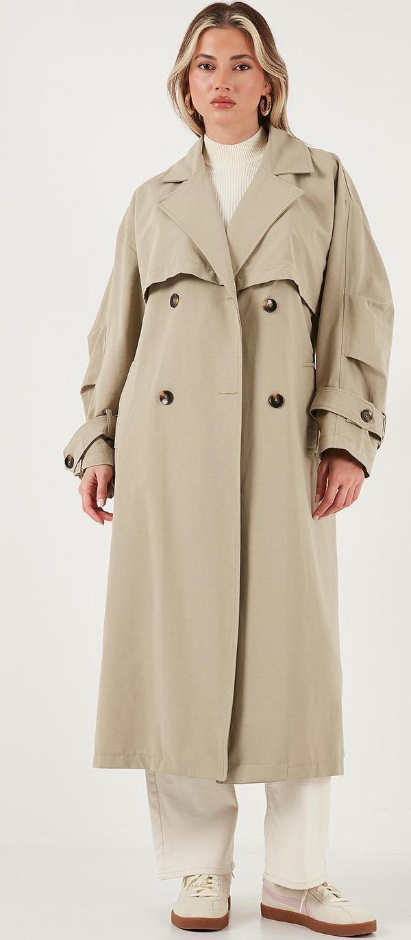 Lela Pamuklu Oversize Kruvaze Yaka Düğmeli Uzun Bayan Trençkot 6839605 AÇIK YEŞİL - Image 1