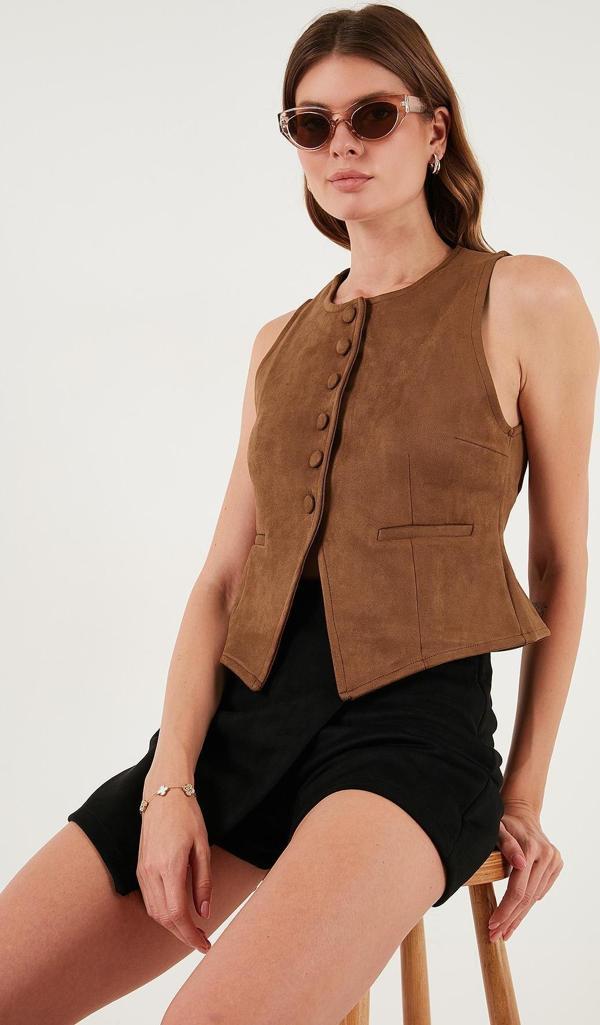 Lela Fitted Fit Bisiklet Yaka Düğmeli Yumuşak Dokulu Bayan Yelek 5866435 TABA - Image 1