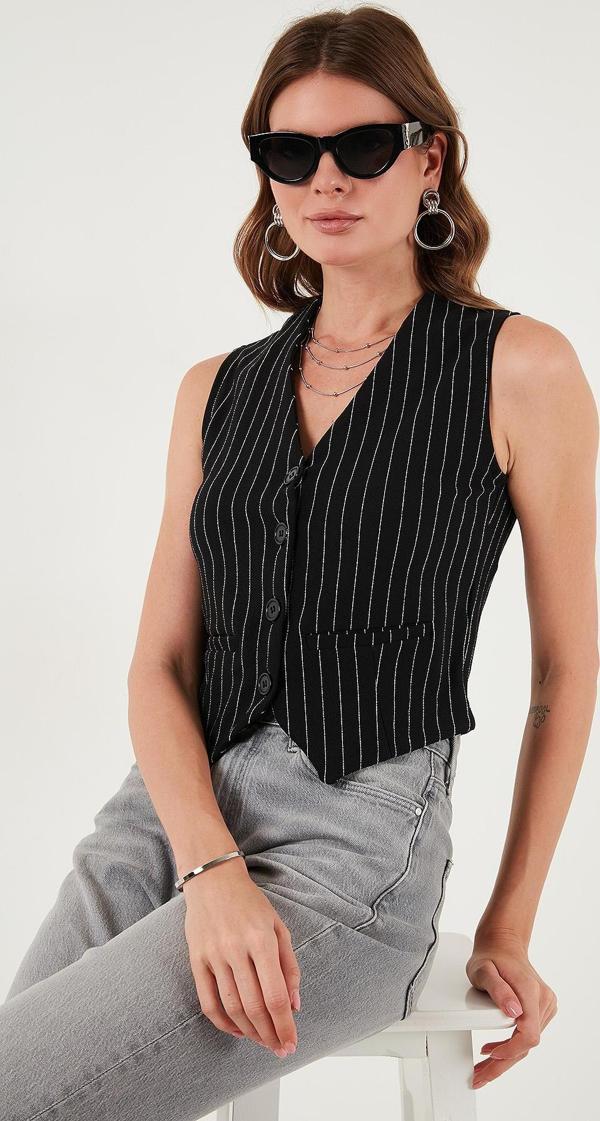 Lela Streç Fitted Fit V Yaka Düğmeli Bayan Yelek 5865971 SİYAH-BEYAZ - Image 1