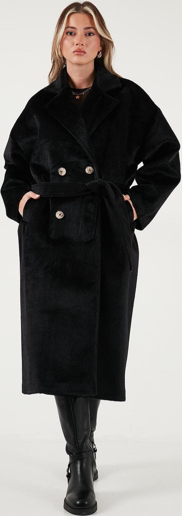 Lela Oversize Kruvaze Yaka Yumuşak Dokulu Uzun Bayan Trençkot 6839610 SİYAH - Image 1