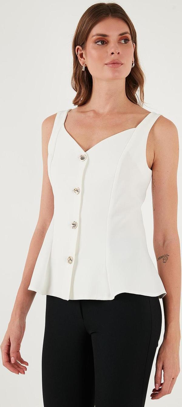 Lela Fitted Fit V Yaka Düğmeli Bayan Yelek 611FYL145 EKRU - Image 1