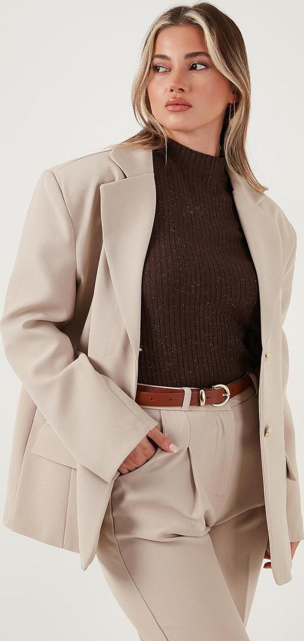 Lela Regular Fit  Yaka Düğmeli Blazer Bayan Ceket 6839562 TAŞ - Image 1