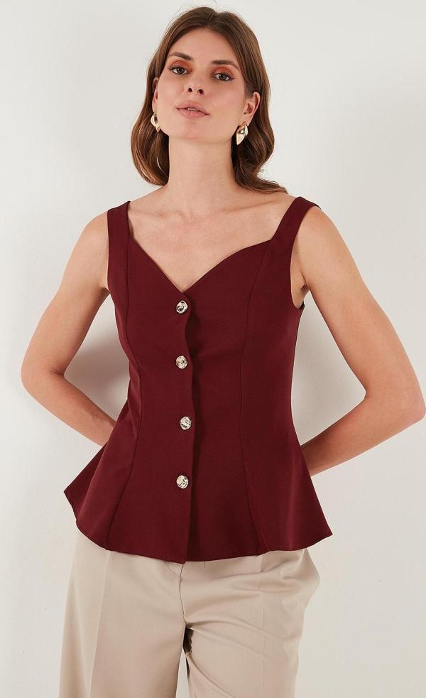 Lela Fitted Fit V Yaka Düğmeli Bayan Yelek 611FYL145 BORDO - Image 1